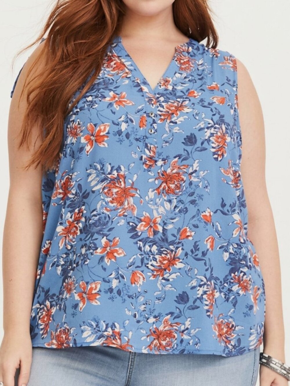 TORRID 3 Plus Size Blue Floral Self Tie Challis Tank Red White Sleeveless Blouse